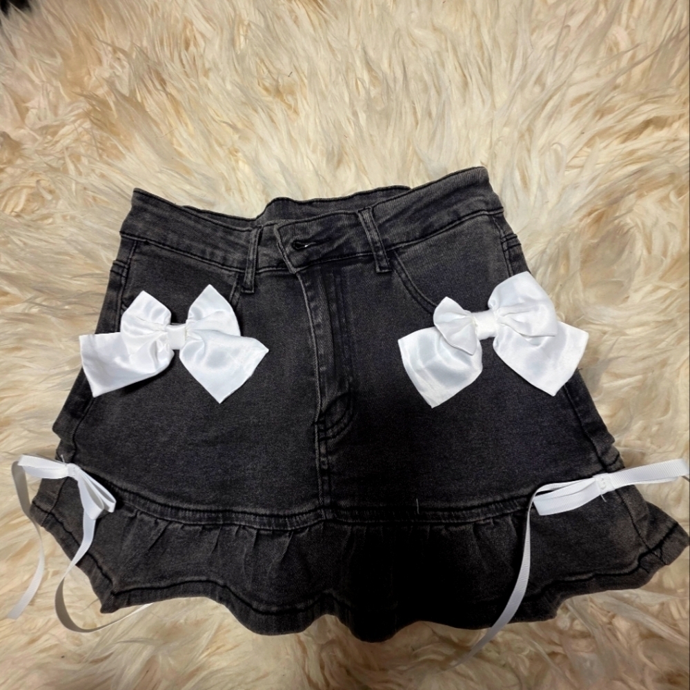 Black Denim Skirt with White Bows